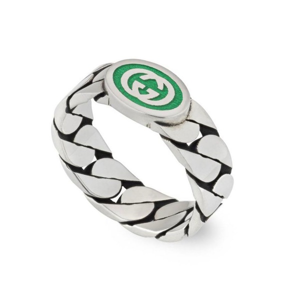 Gucci Interlocking G Green Enamel Sterling Silver Ring, Size Italian 20 US 9 NWB - Picture 1 of 10